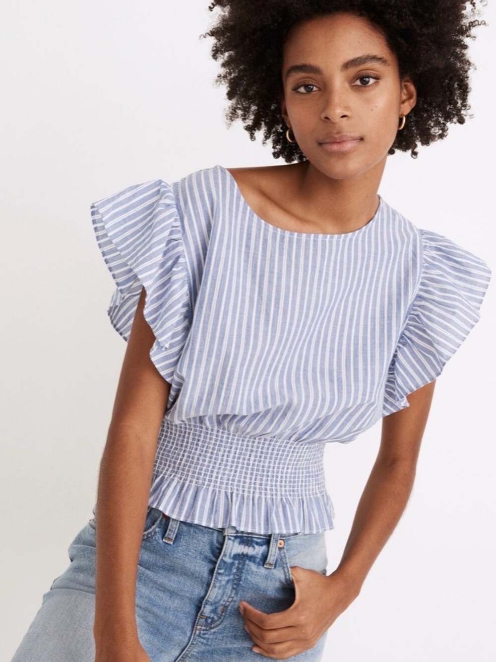 Madewell Flutter-Sleeve Smocked Top in Stripe